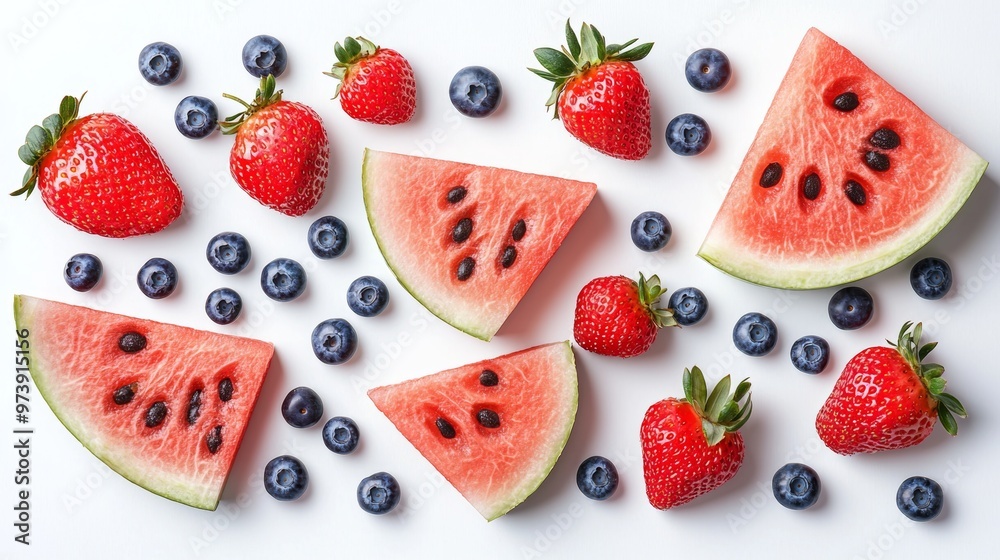 Summer Fruits Watermelon Strawberries Blueberries White Background Flat Lay Summer Fruits Watermelon Strawberries Blueberries White Background Flat Lay