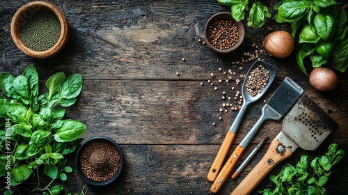 Rustic Wooden Background with Herbs Spices and Gardening Tools