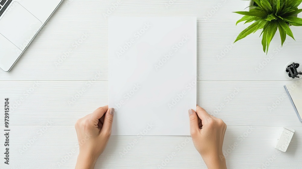 Overhead view of female hands holding blank paper on white wooden desk. Overhead view of female hands holding blank paper on white wooden desk.