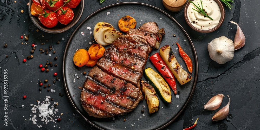 Grilled Dry Aged Wagyu Beef Steak with Pepper Cream Sauce and Assorted Grilled Vegetables on an Elegant Plate Grilled Dry Aged Wagyu Beef Steak with Pepper Cream Sauce and Assorted Grilled Vegetables on an Elegant Plate