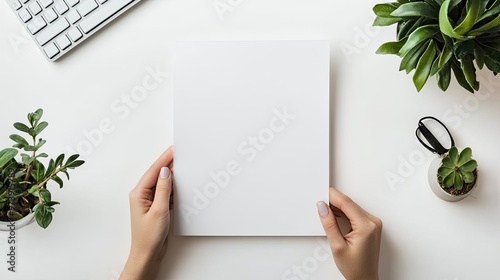 Overhead view of hands holding a blank white paper on a white desk with a keyboard, plants and glasses.