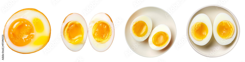 A variety of perfectly boiled eggs displayed on white plates, showing different doneness levels of the egg yolks for culinary reference. A variety of perfectly boiled eggs displayed on white plates, showing different doneness levels of the egg yolks for culinary reference.