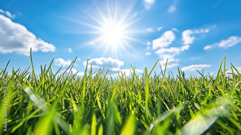 Fototapeta premium Green Grass Blades Under Blue Sky With Sunburst