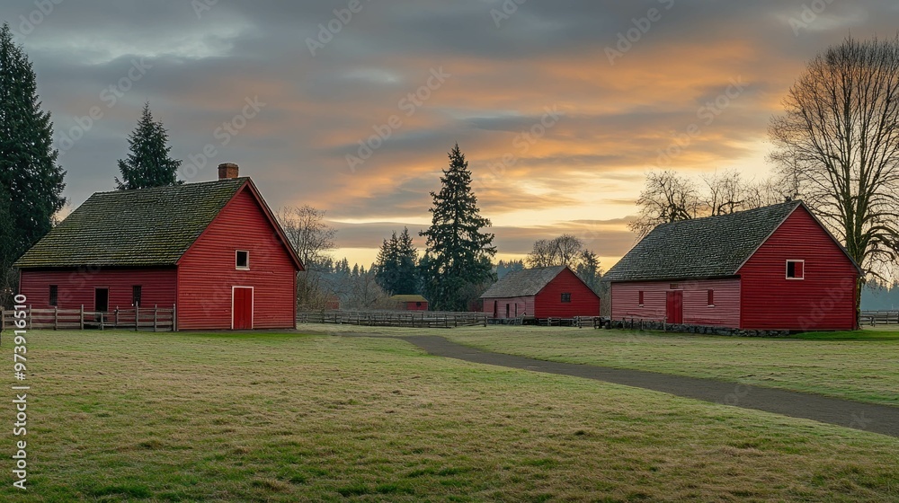 Obraz premium Three red barns on a grassy field with a dirt path leading to them. The sky is a soft pink and orange with clouds.