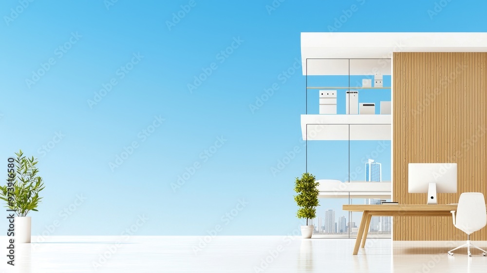 Modern Minimalist Office Desk with City View and White Chair Modern Minimalist Office Desk with City View and White Chair