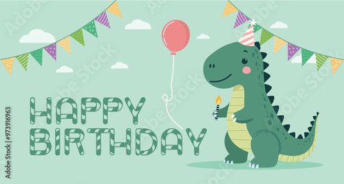 Happy birthday postcard with cute dinosaur illustration