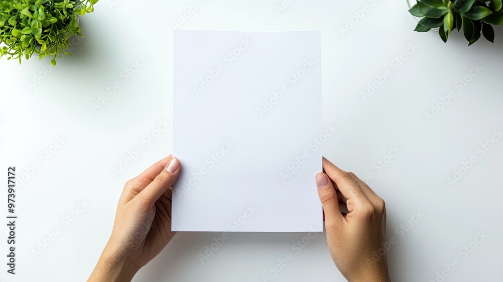 Two hands holding a blank white sheet of paper on a white table with green plants on either side. Two hands holding a blank white sheet of paper on a white table with green plants on either side.