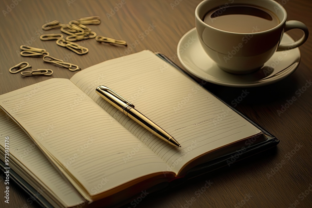 Notebook with pen and coffee cup on a table. Notebook with pen and coffee cup on a table.