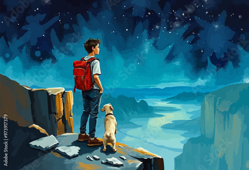 Digital art  illustration painting of a youthful hiker gazing up at the stars in the night sky while holding a puppy in a rucksack. hiker with a pet dog vector oil painting illustration.