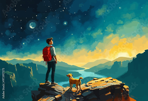 Digital art  illustration painting of a youthful hiker gazing up at the stars in the night sky while holding a puppy in a rucksack. hiker with a pet dog vector oil painting illustration.