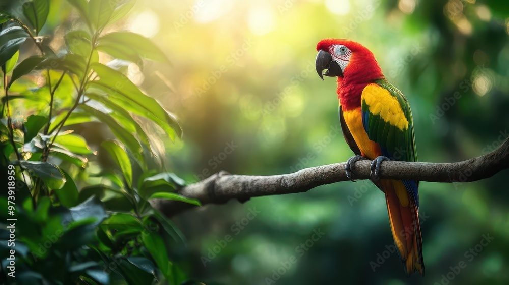 A vibrant, colorful tropical bird sitting on a tree branch in the jungle, with lush green foliage in the background and natural sunlight highlighting its feathers A vibrant, colorful tropical bird sitting on a tree branch in the jungle, with lush green foliage in the background and natural sunlight highlighting its feathers