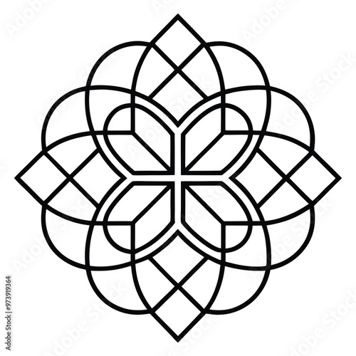 A geometric ornament design with interlocking squares and circles creates a balanced pattern.