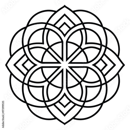 A geometric ornament design with interlocking squares and circles creates a balanced pattern.
