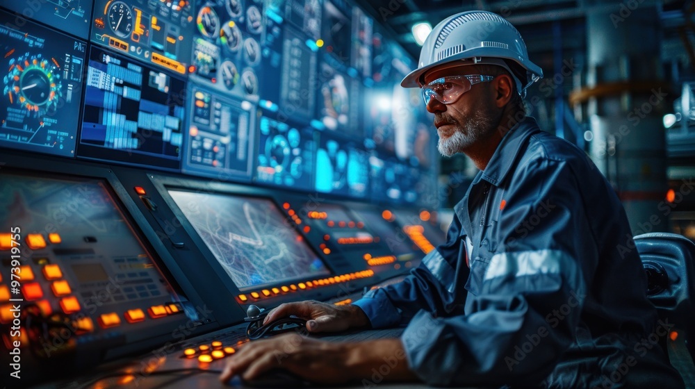 An engineer in a factory control room, monitoring and adjusting processes on multiple screens, ensuring optimal performance. An engineer in a factory control room, monitoring and adjusting processes on multiple screens, ensuring optimal performance.