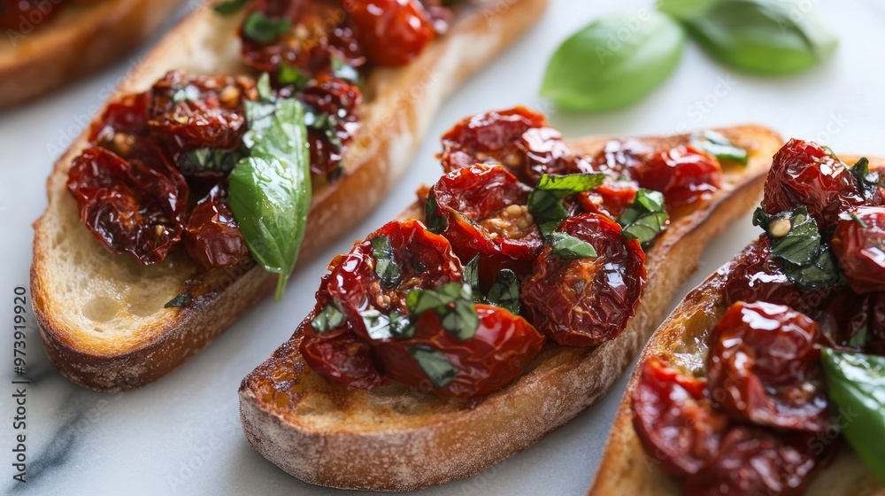 Basil and half-dried tomatoes on a bruschetta
Basil and half-dried tomatoes on a bruschetta