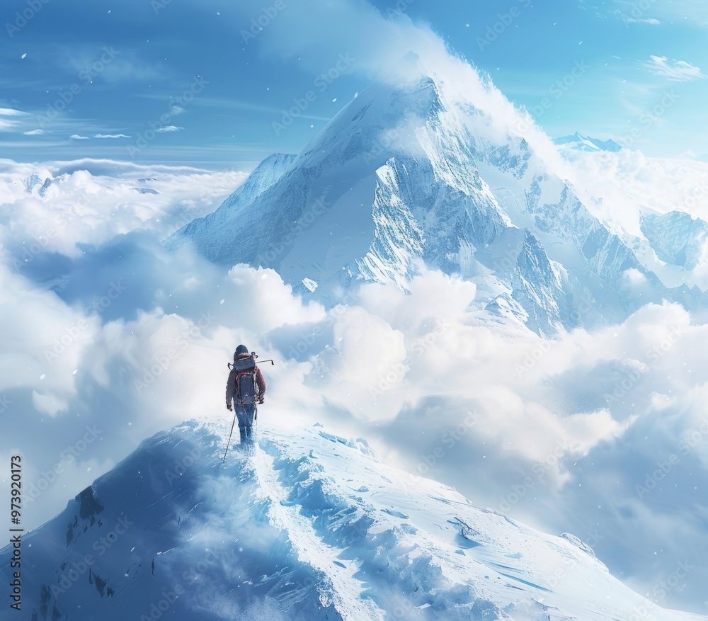 Naklejka premium A lone climber stands atop a snowy peak, surrounded by clouds and majestic mountains. The scene captures the beauty and challenge of adventure. Generative AI