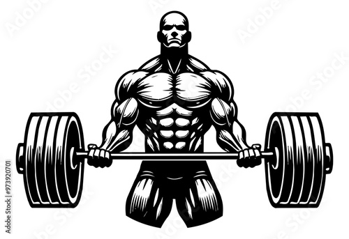 man lift barbell engraving black and white outline