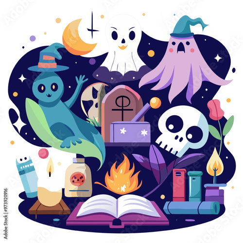 Bewitching Tales: A vibrant illustration conjuring the spirit of Halloween with a spellbinding array of spooky icons.