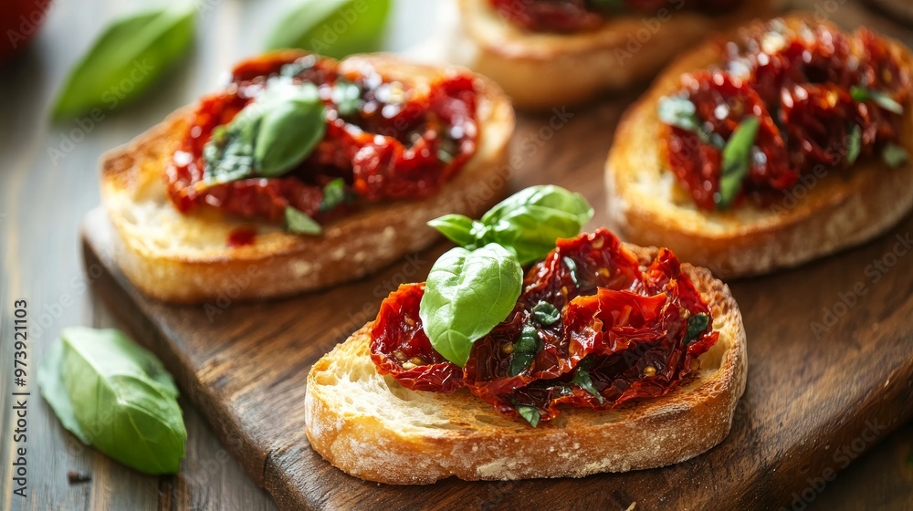 Basil and half-dried tomatoes on a bruschetta
Basil and half-dried tomatoes on a bruschetta
