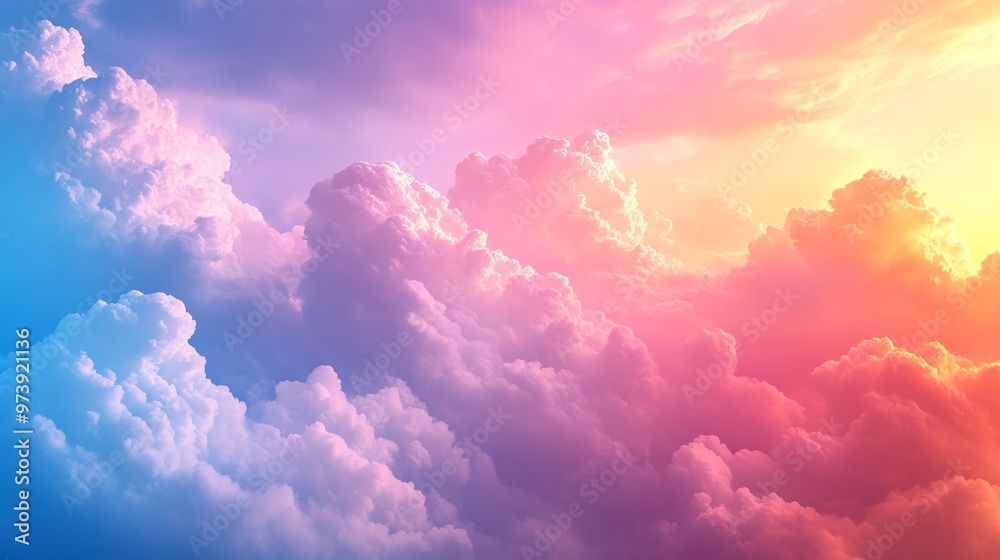 Pastel sky with fluffy clouds and sunbeams. Pastel sky with fluffy clouds and sunbeams.