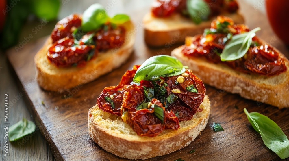 Basil and half-dried tomatoes on a bruschetta
Basil and half-dried tomatoes on a bruschetta