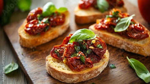 Basil and half-dried tomatoes on a bruschetta 