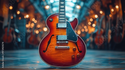 A close-up of a beautifully crafted electric guitar in a music store.