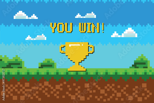 you win, players. pixel game background, natural landscape with blue sky, trees and green grass. Pixelated 8 bit video-game