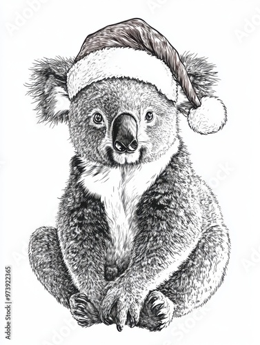 Black and white Vintage engraved art of a full-body koala wearing a Christmas Santa hat, isolated on white background, ink sketch illustration, simple vector art design, highly detailed line art