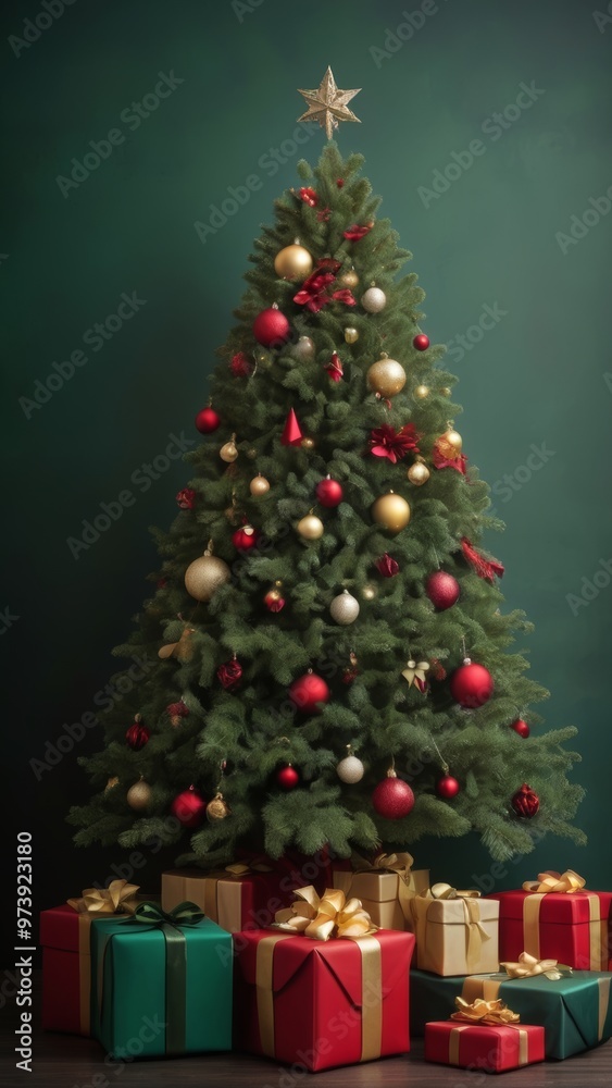 Elegant Christmas tree with gifts on matte background for stylish holiday cards