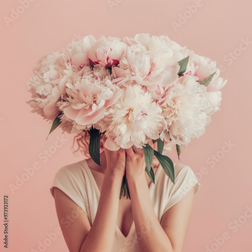 Fototapeta Naklejka Na Ścianę i Meble -  A woman holds a stunning bouquet of pink peonies in front of her face. This image conveys beauty and femininity. It is vibrant and soft, perfect for floral themes. Generative AI