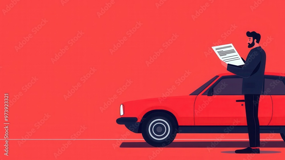 Obraz premium Driver holding car insurance policy, checking coverage, flat design illustration