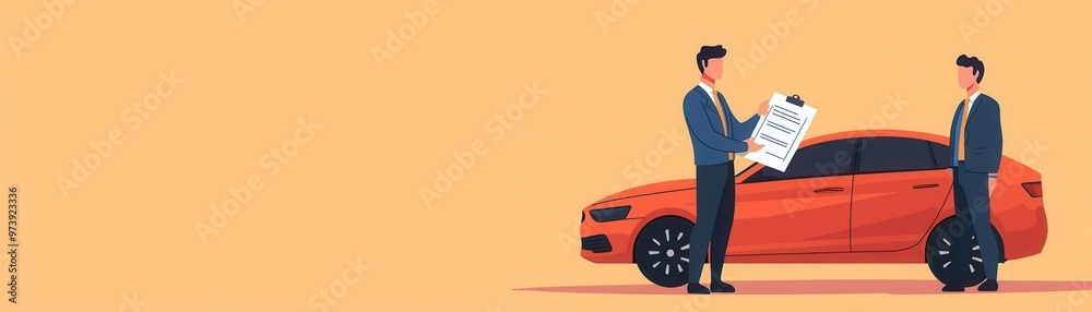 Driver receiving car insurance policy, agent handing documents, flat design illustration Driver receiving car insurance policy, agent handing documents, flat design illustration