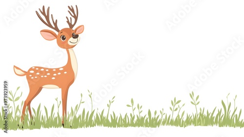 A Cartoon Deer with Antlers Standing in Tall Green Grass