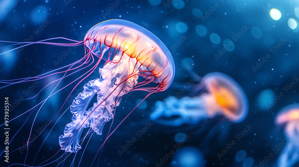 Naklejka premium Glowing jellyfish in deep blue ocean, illuminating their surroundings, underwater glowtime, captivating and surreal marine life