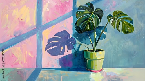 Oil painting of monstera in green pot, blue and pink striped sides