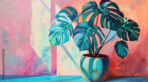 Oil painting of a monstera plant in a green pot, vibrant blue and pink stripes on the sides
