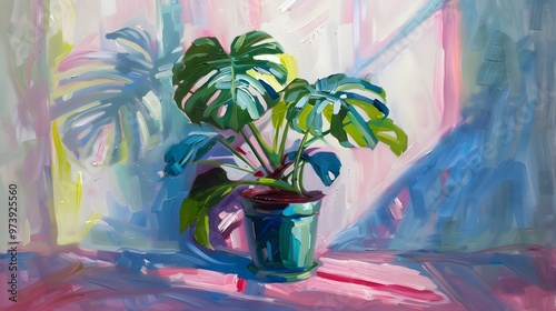 Oil painting of a monstera plant in a green pot, vibrant blue and pink stripes on the sides
