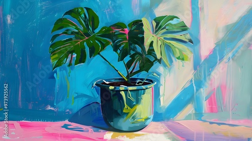 Oil painting of a monstera plant in a green pot, vibrant blue and pink stripes on the sides