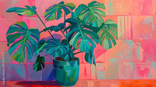 Oil painting of a monstera plant in a green pot, vibrant blue and pink stripes on the sides