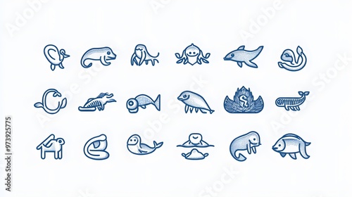 Hand-Drawn Blue Outline Illustrations of Various Sea Creatures