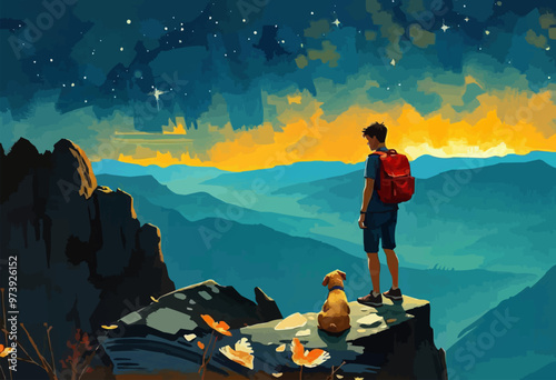 Digital art  illustration painting of a youthful hiker gazing up at the stars in the night sky while holding a puppy in a rucksack. hiker with a pet dog vector oil painting illustration.