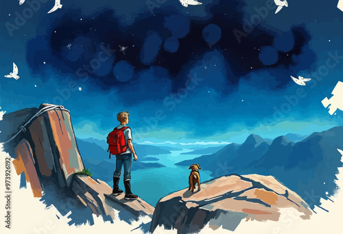 Digital art  illustration painting of a youthful hiker gazing up at the stars in the night sky while holding a puppy in a rucksack. hiker with a pet dog vector oil painting illustration.