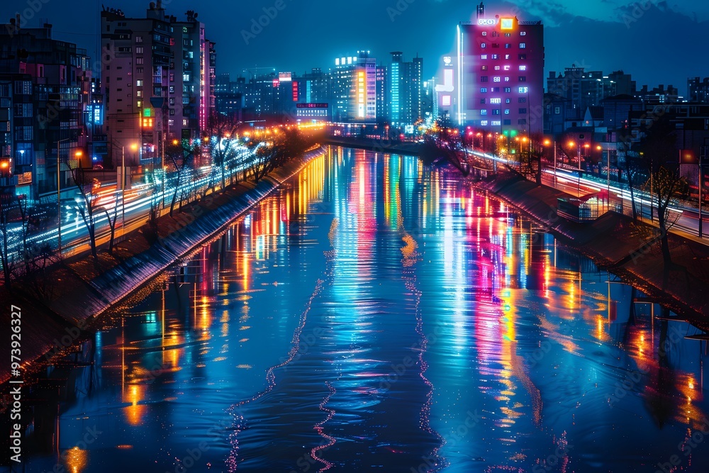 Fototapeta premium Neon Cityscape Reflections