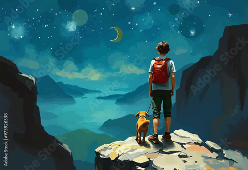 Digital art  illustration painting of a youthful hiker gazing up at the stars in the night sky while holding a puppy in a rucksack. hiker with a pet dog vector oil painting illustration.