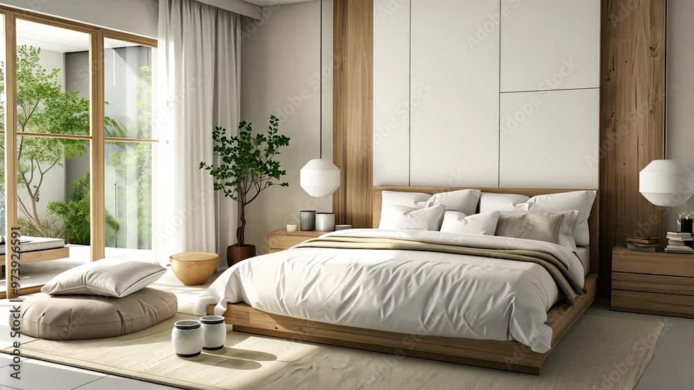 Contemporary bedroom with beige wood furniture and white accents, minimalist, Contemporary bedroom with beige wood furniture and white accents, minimalist,