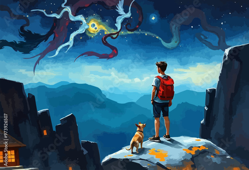 Digital art  illustration painting of a youthful hiker gazing up at the stars in the night sky while holding a puppy in a rucksack. hiker with a pet dog vector oil painting illustration.