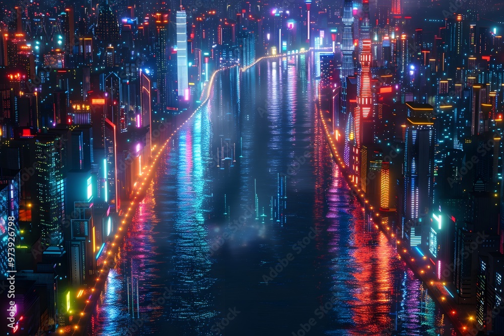 Neon Cityscape with River Neon Cityscape with River