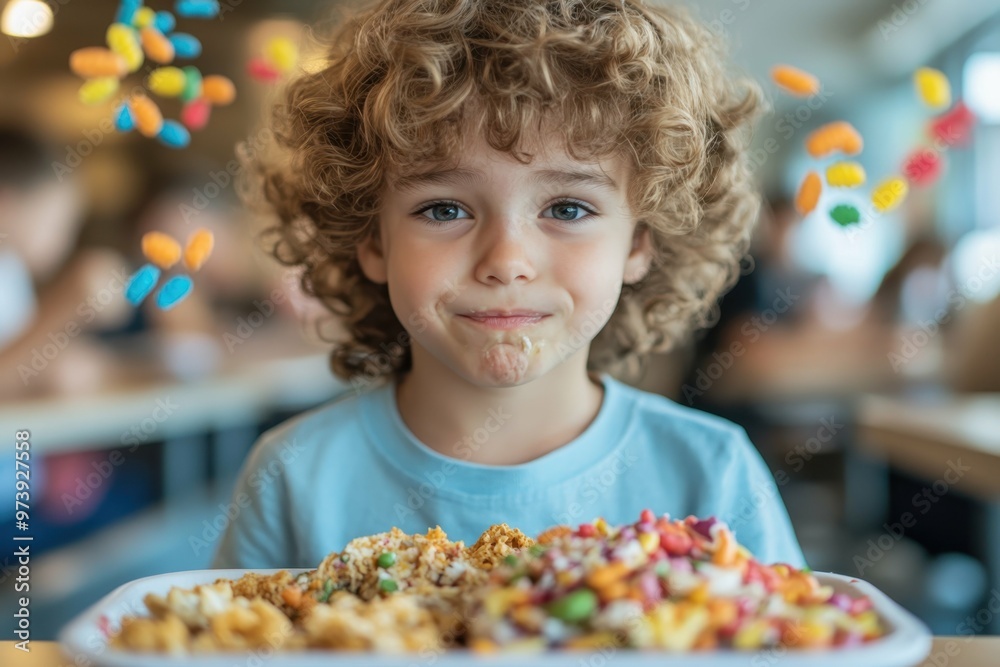 A child sitting in a cafeteria eating alone with a tray full of junk food looking downcast A child sitting in a cafeteria eating alone with a tray full of junk food looking downcast