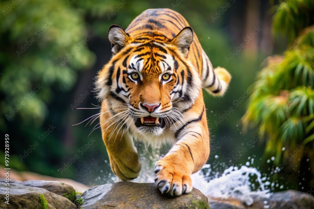 A sleek and agile tiger bursts into motion, claws outstretched, as it prepares to pounce on its unsuspecting